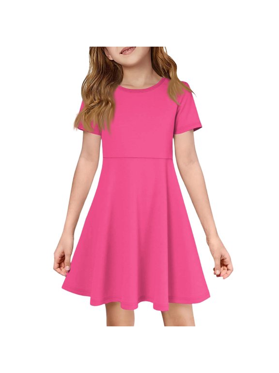 Casual Midi Dresses for Toddler Girls Solid Crewneck Short Sleeve Dresses Summer Ruffle Hem A Line Swing Sundress