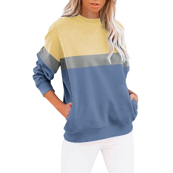 Ruyang Casual Pullover for Women Women's Casual Long Sleeve Color Block/Solid Tops Crewneck Sweatshirts Cute Loose Fit Pullover with Pockets