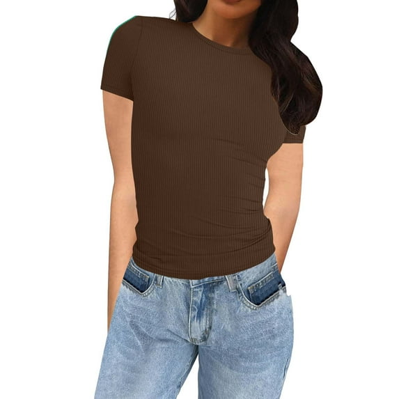 Ruyang Casual T Shirt for Women, Women's Basic Tops Solid Color Short Sleeve Crewneck Shirt Slim Fit T-Shirt Streetwear
