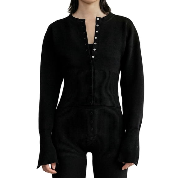 Ruyang Casual Y2K Button Down Sweater for Women Crew Neck Lightweight Knit Cardigan Fall Winter Outerwear Fitted Long Cardigan Sweater