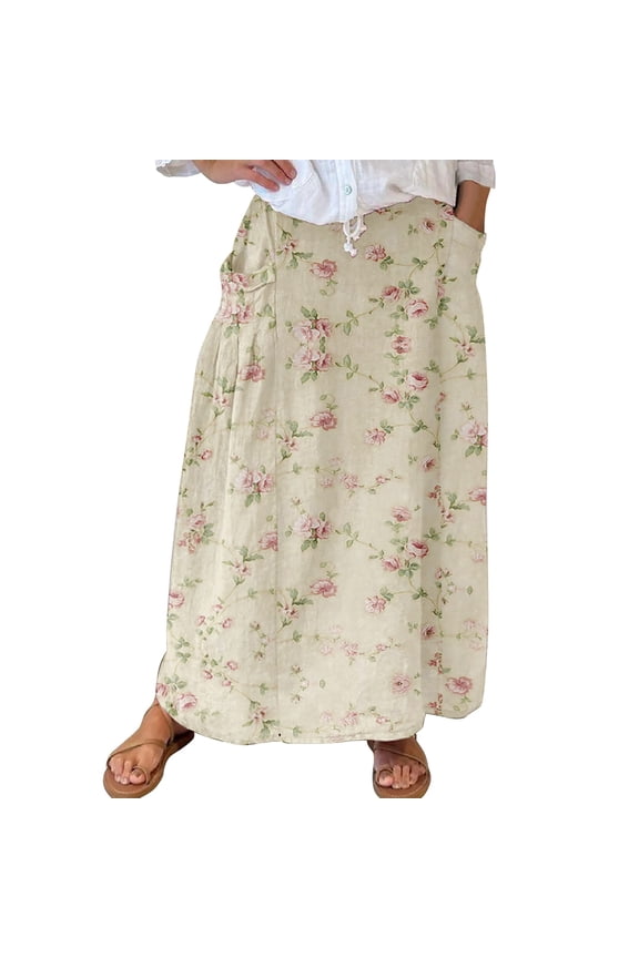 Chiffon Skirts for Women Women's Retro Floral Art Linen Elastic Waistband Pocket Skirt