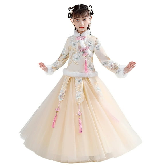 Ruyang Chinese Princess Dress for Girls Embroidered Stand Collar Coat   Tulle Dress 2pcs New Year's Thick Velvet Clothes