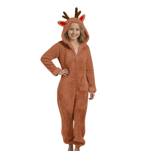 Ruyang Christmas Deer Ears Fleece Jumpsuit for Girls Winter Warm Fuzzy Hooded Onesie Zip Thermal Furry Bodysuit