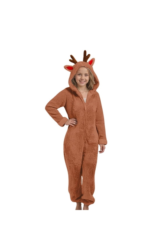Christmas Deer Ears Fleece Jumpsuit for Girls Winter Warm Fuzzy Hooded Onesie Zip Thermal Furry Bodysuit