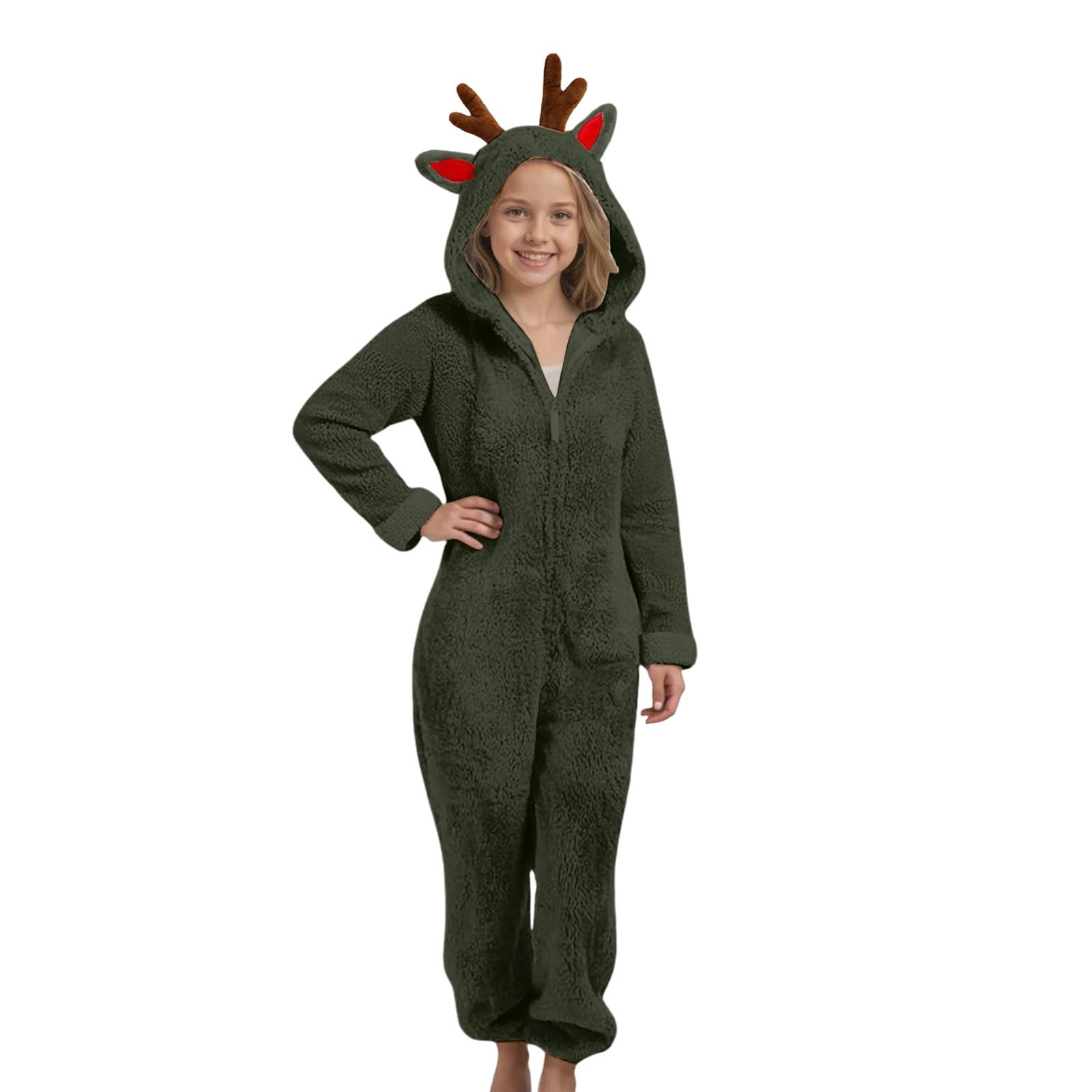 Ruyang Christmas Deer Ears Fleece Jumpsuit for Girls Winter Warm Fuzzy Hooded Onesie Zip Thermal Furry Bodysuit