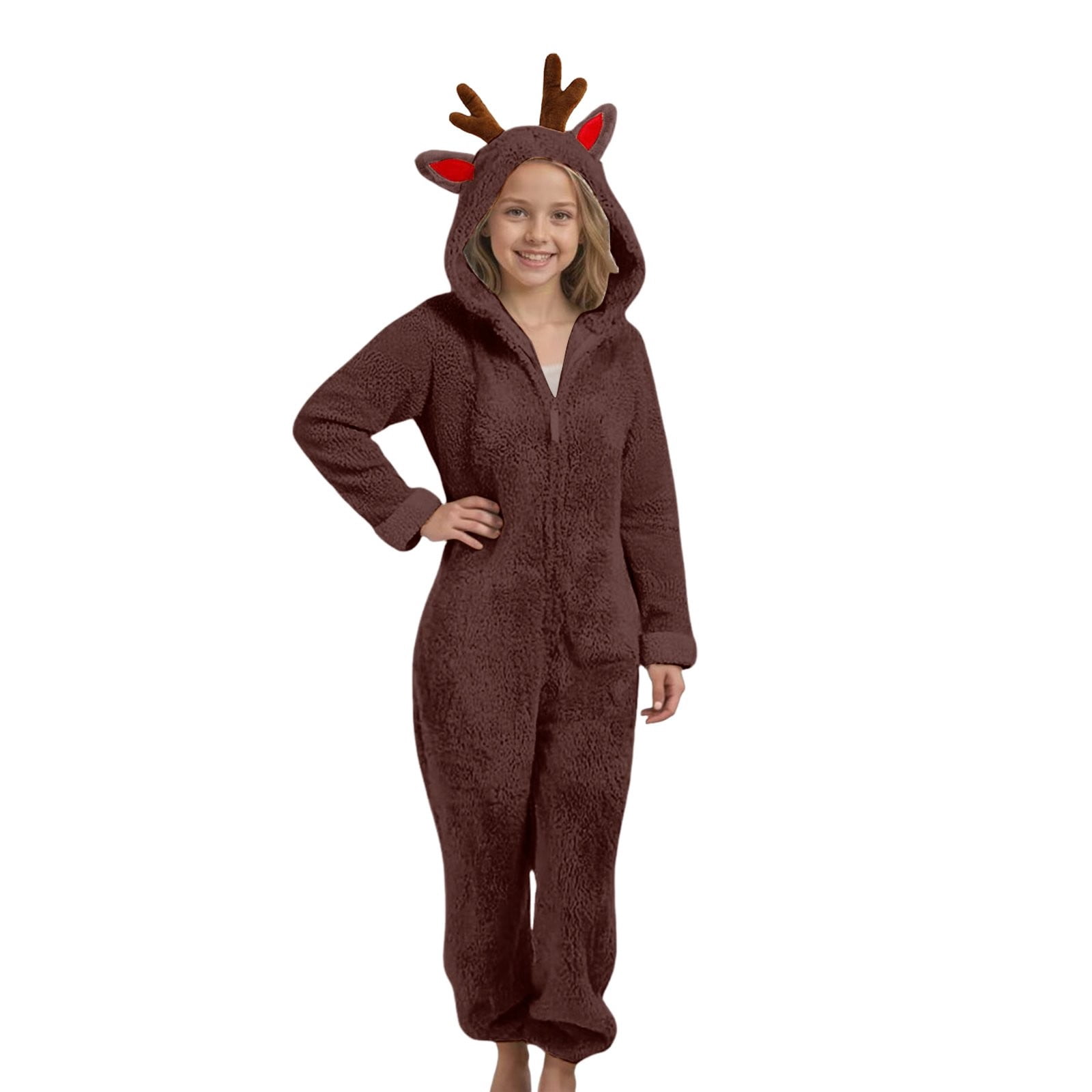Ruyang Christmas Deer Ears Fleece Jumpsuit for Girls Winter Warm Fuzzy Hooded Onesie Zip Thermal Furry Bodysuit