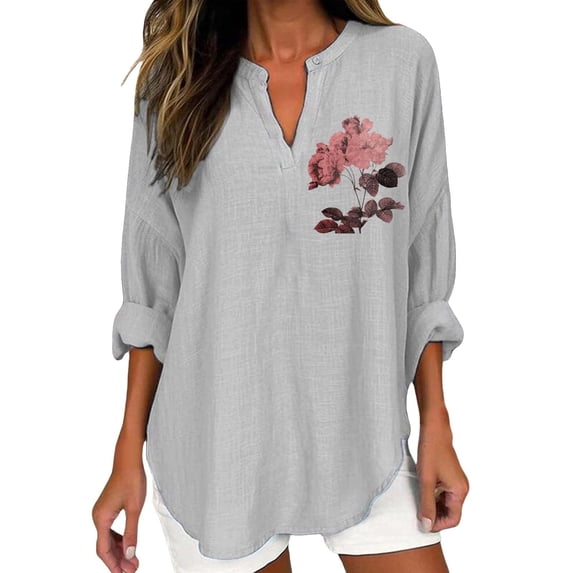 Ruyang Cotton Linen Shirt Women's Plus Size Tunic Tops Casual Floral Blouses Long Sleeve V Neck Henley Shirts S-5XL