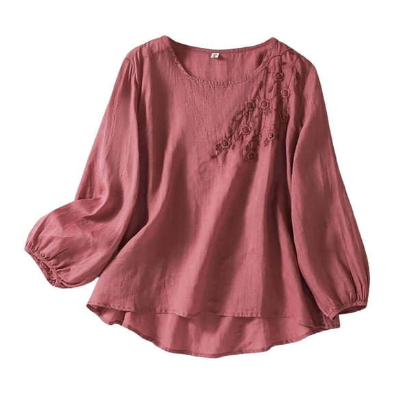 Ruyang Cotton Linen T Shirt for Women Trendy Summer Casual Short Sleeve Basic Textured Solid Color Round Neck T Shirts Blouse
