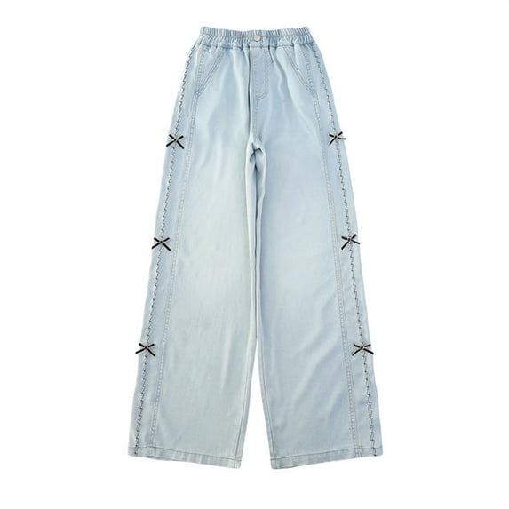 Ruyang Cute Bowknot Jeans for Teen Girls Trendy Baggy Denim Pants High Waisted Wide Leg Aesthetic Lightweight Sweatpants Winter Clothes