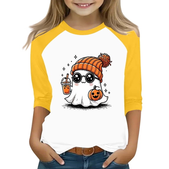 Ruyang Cute Ghost Pumpkin T Shirt for Girls 3/4 Sleeve Raglan Sweatshirt Kids Breathable Casual Tops Toddler Fall Halloween Blouses