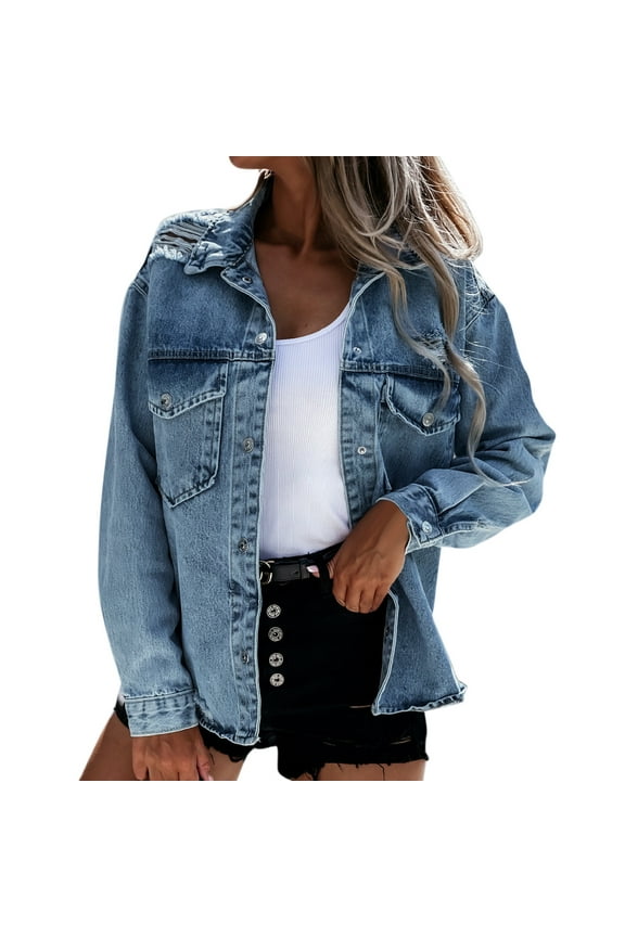 Denim Jacket for Women 2024 Women Autumn and Winter Washed Ripped Denim Jacket Loose Pocket Denim Jacket Woman Long Jean Jacket