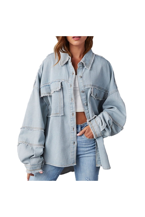Denim Jacket for Women 2024 Women's Lapel Large Pocket Puffed Sleeve Wash Solid Color Medium Length Denim Jacket Womens Jacket