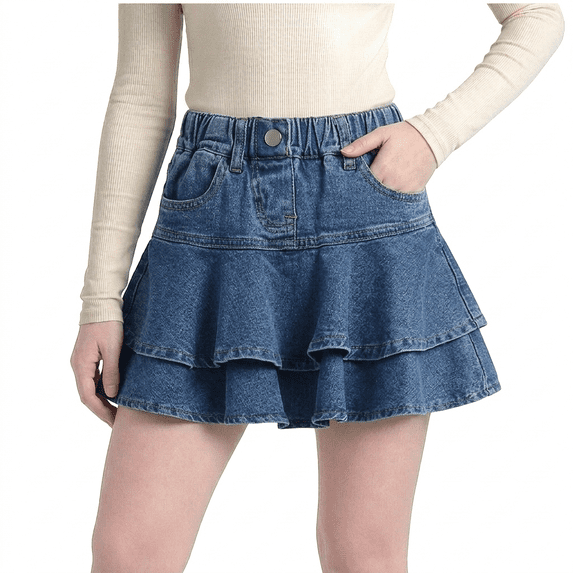 Ruyang Denim Skirts for Kids Girls Tiered Ruffle Hem Flared Cake Jean Skirts Lightweight Breathable Half Body Skirts with Pockets