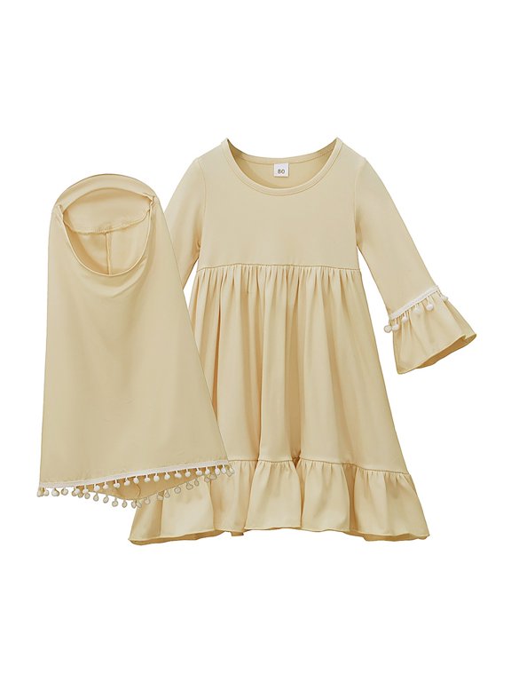 Dresses for Girls, Kids Prayer Dress Muslim Clothes for Girls Long Sleeve Abaya with Hijab Maxi Islamic Set Scarf Kaftan Jilbab