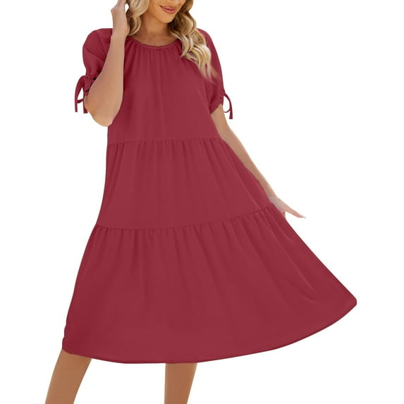 Ruyang Dresses for Women, 2024 Women's Summer Solid Color Crewneck Short Sleeve Lace Up Dress Lace Flowy Tiered Midi Dresses
