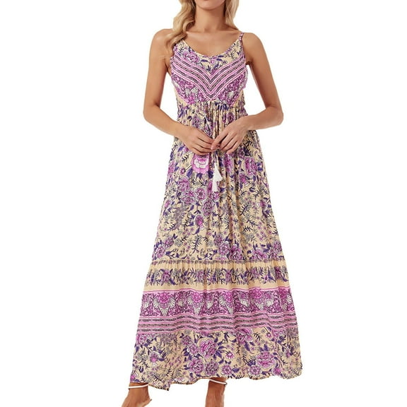 Ruyang Dresses for Women Summer, Women Ethnic Prints Casual V Neck Short Sleeved A Line Beach Long Robe Dress Sleeveless Knit Dresses for Women
