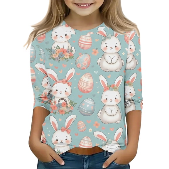 Ruyang Easter Shirt for Boys Girls Toddler Baby Kids 3/4 Sleeve Shirts Funny Tees Bunny Colorful Eggs Snowflake T-Shirt