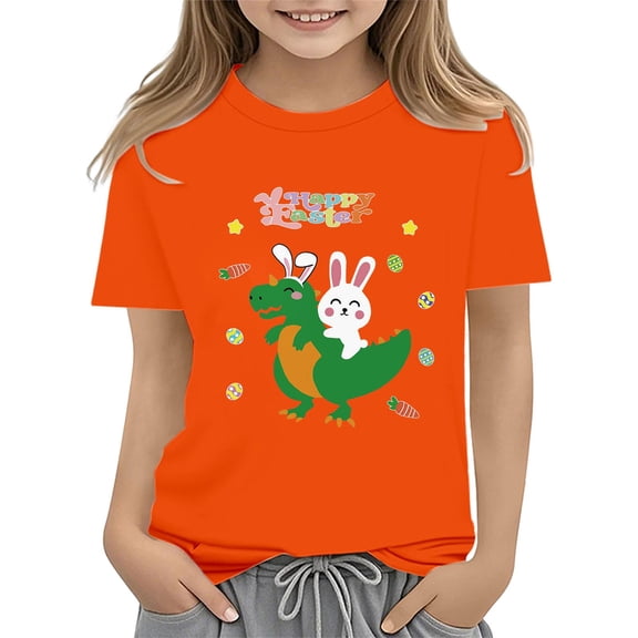 Ruyang Easter Tees Toddler Boys Girls Short Sleeve Easter 𝐂artoon Dinosaur and Bunny Printed Kids Crewneck Tops T Shirt