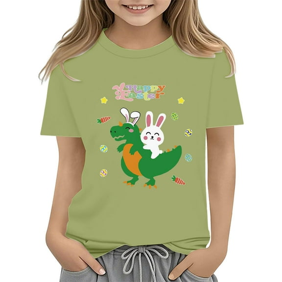 Ruyang Easter Tees Toddler Boys Girls Short Sleeve Easter 𝐂artoon Dinosaur and Bunny Printed Kids Crewneck Tops T Shirt