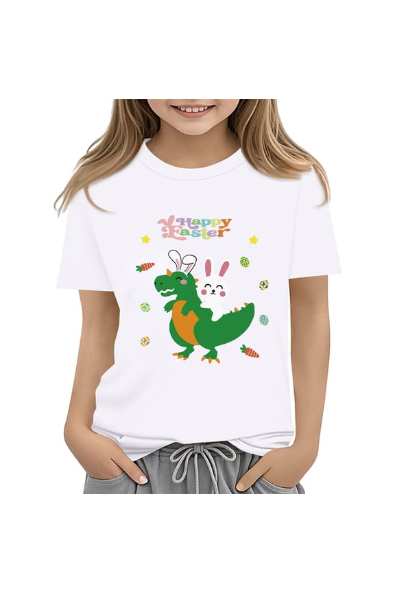Easter Tees Toddler Boys Girls Short Sleeve Easter 𝐂artoon Dinosaur and Bunny Printed Kids Crewneck Tops T Shirt