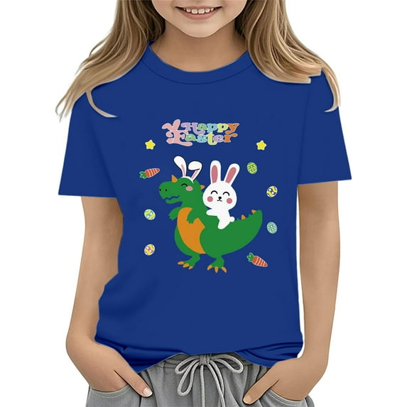 Ruyang Easter Tees Toddler Boys Girls Short Sleeve Easter 𝐂artoon Dinosaur and Bunny Printed Kids Crewneck Tops T Shirt