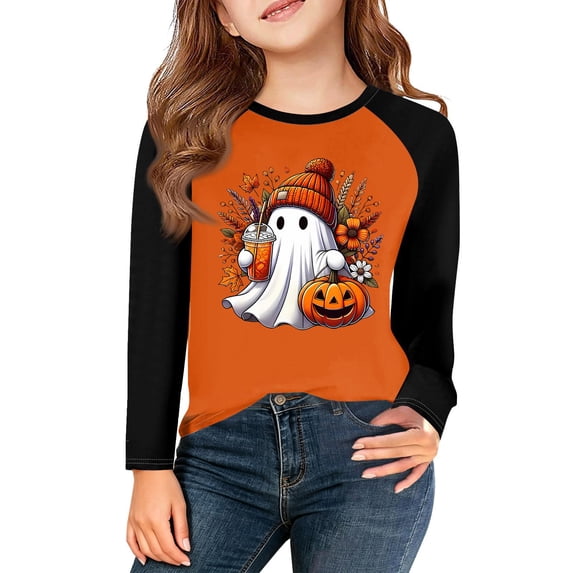 Ruyang Fall Long Sleeved T Shirt for Girls Ghost Pumpkin Soft Baggy Tee Tops Kids Baby Crewneck Casual Blouses Fall Halloween Clothes