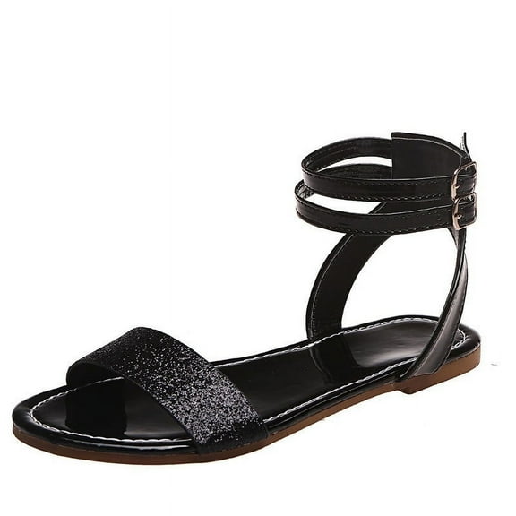 Ruyang Fashion Summer Women Sandals Flat Bottom Light Open Toe Ankle Buckle Solid Color Shiny Walking Sandals for Women