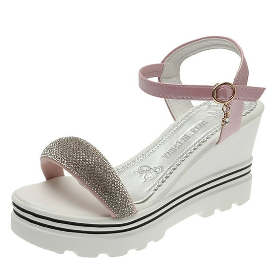 Ruyang Fashion Summer Women's Sandals High Heel Wedge Heel Platform Rhinestone Buckle Raffia Sandals Women Walking Shoes