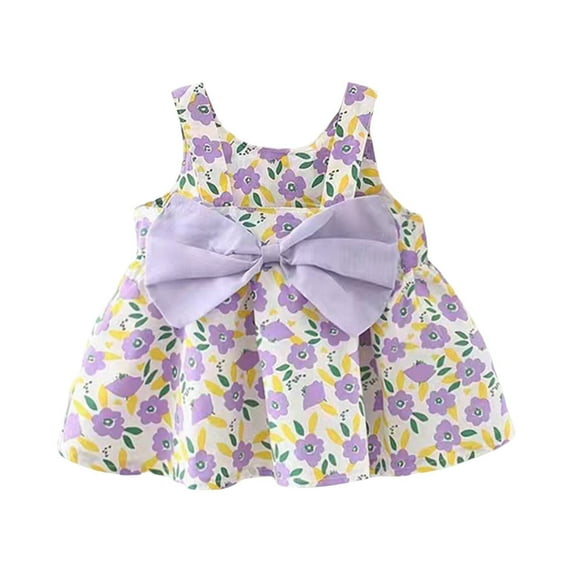 Ruyang Flower Girls Smocked Dress with Bow Floral Print Sleeveless Square Neck Pleated Dresses Ruffles Cute Birthday Dress