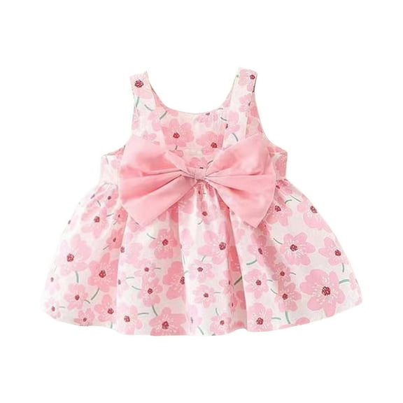 Ruyang Flower Girls Smocked Dress with Bow Floral Print Sleeveless Square Neck Pleated Dresses Ruffles Cute Birthday Dress