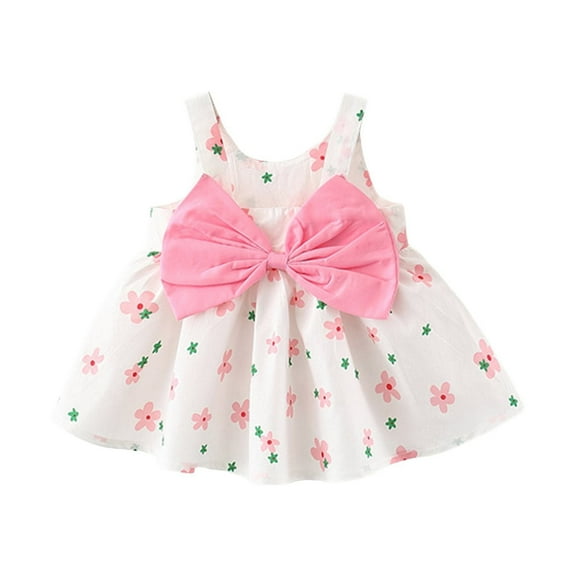 Ruyang Flower Girls Smocked Dress with Bow Floral Print Sleeveless Square Neck Pleated Dresses Ruffles Cute Birthday Dress