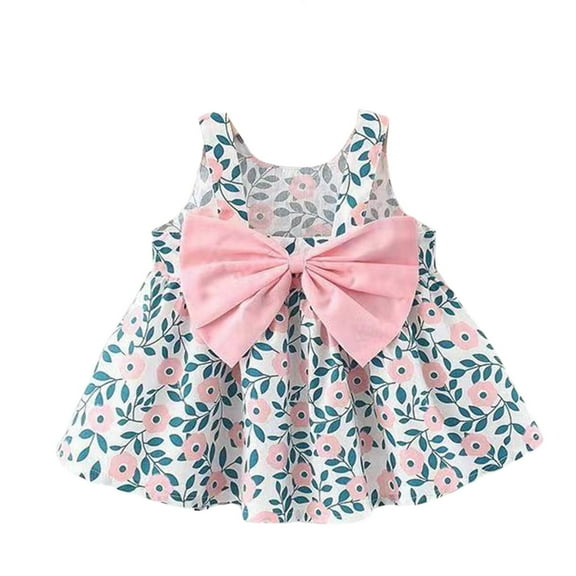 Ruyang Flower Girls Smocked Dress with Bow Floral Print Sleeveless Square Neck Pleated Dresses Ruffles Cute Birthday Dress