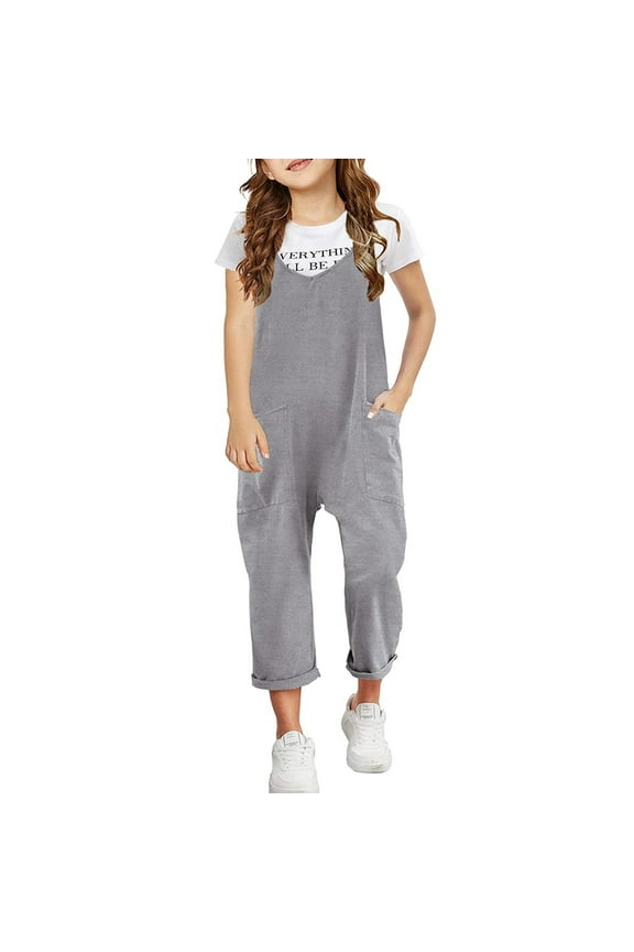 Girl's Casual Sleeveless Jumpsuits Spaghetti Straps Harem Long Overalls With Pockets V Neck Loose Romper Summer Long Pants