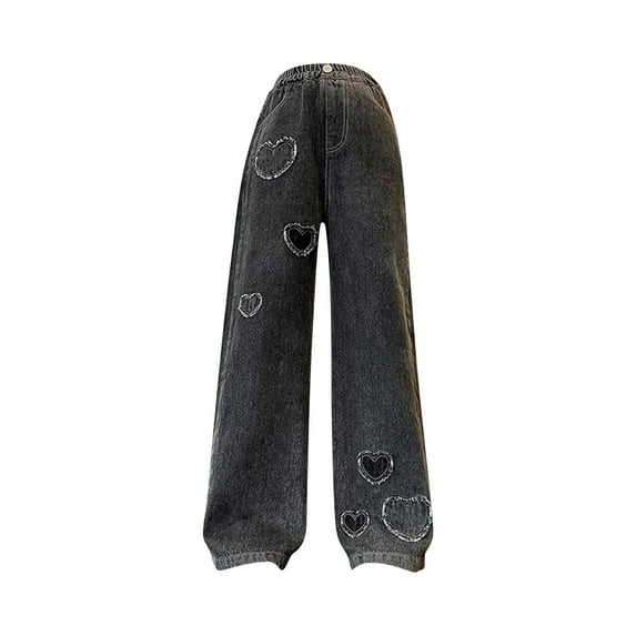 Ruyang Girl's Fashion Jeans Embroidered Heart Pattern Denim Pants Elastic High Waist Straight Leg Jeans Casual Preppy Clothes