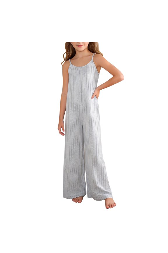Girl's Spaghetti Strap Sleeveless Loose Jumpsuit Wide Leg Long Pants Overalls Teen Girl Knit Rompers Solid Suspender Trousers