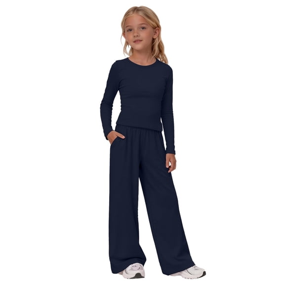 Ruyang Girls 2 Piece Casual Sets Round Neck Long Sleeve Top and Wide Leg Pants Outfits Solid Color Athletic Jogger Clothest