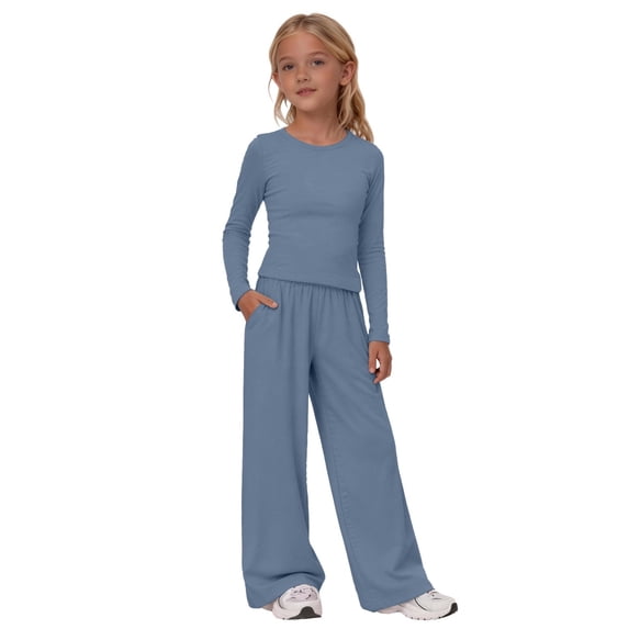 Ruyang Girls 2 Piece Casual Sets Round Neck Long Sleeve Top and Wide Leg Pants Outfits Solid Color Athletic Jogger Clothest