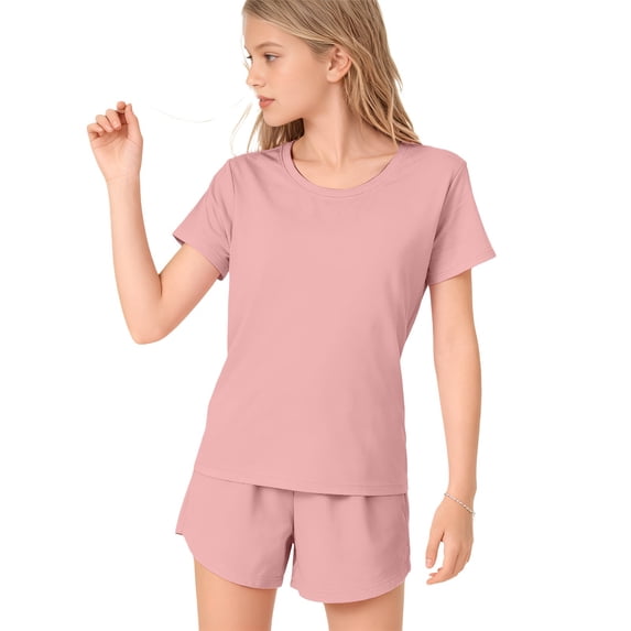 Ruyang Girls 2 Piece Sets Solid Round Neck Short Sleeve Tops and Wide Leg Shorts Outfits Summer Outdoor Active Wear