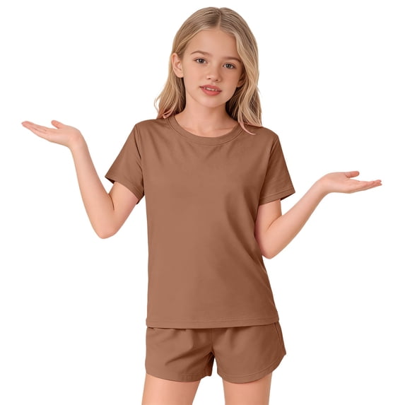 Ruyang Girls 2 Piece Sets Solid Round Neck Short Sleeve Tops and Wide Leg Shorts Outfits Summer Outdoor Active Wear