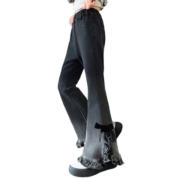Ruyang Girls 𝐘2K Flared Jeans Wide Leg Vintage Bell Bottom Denim Pants with Pocket Teens Cute Elastic High Waist Trousers