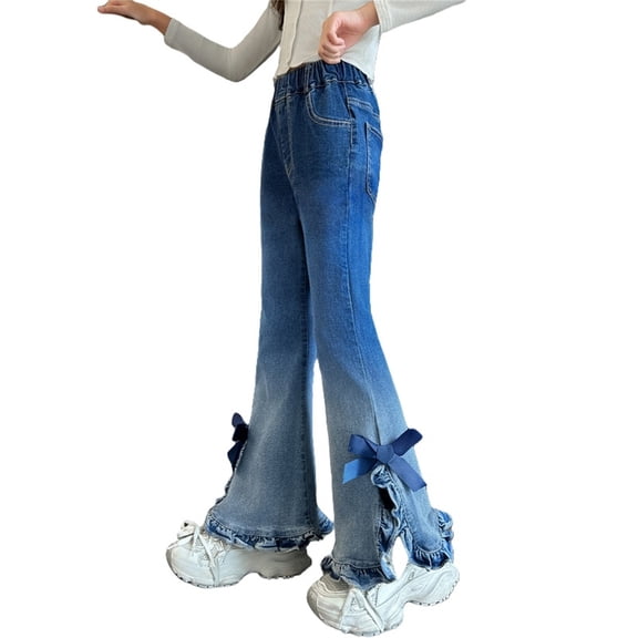 Ruyang Girls 𝐘2K Flared Jeans Wide Leg Vintage Bell Bottom Denim Pants with Pocket Teens Cute Elastic High Waist Trousers