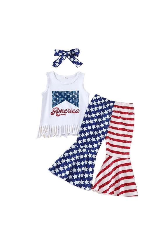 Girls 3 Piece 4th of July Clothes American Flag Print Sleeveless Tank Tops and Flared Pants and Headband Sets Summer Patriotic Outfits