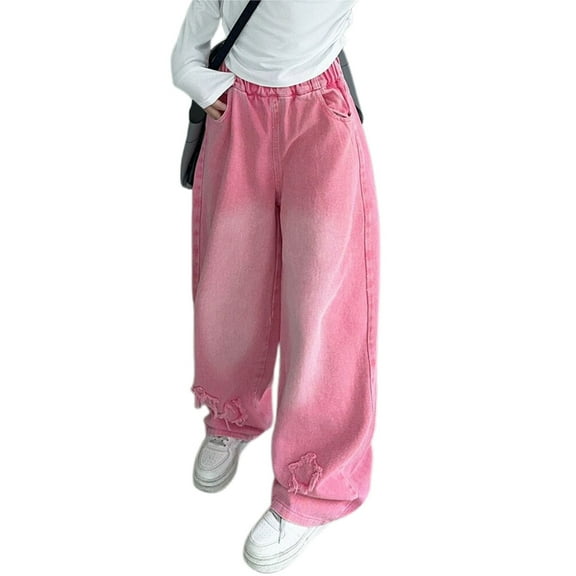 Ruyang Girls Baggy Jeans Cute Star Y2K Wide Leg Jeans Ripped Elastic High Waist Denim Pants Teens Cool Streetwear Joggers
