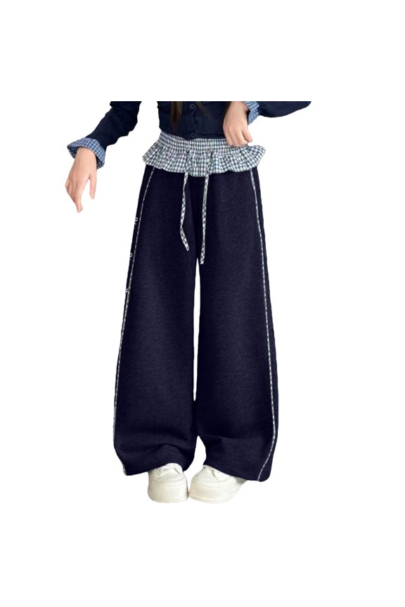 Girls Baggy Wide Leg Sweatpants Y2K Gingham Elastic Waist Track Pants Teen Girl Sweat Pants Cute Casual Dance Trousers Pocket