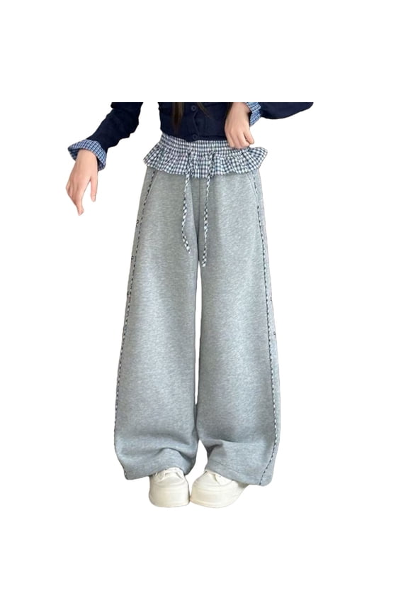 Girls Baggy Wide Leg Sweatpants Y2K Gingham Elastic Waist Track Pants Teen Girl Sweat Pants Cute Casual Dance Trousers Pocket