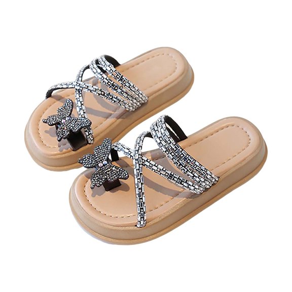 Ruyang Girls Beach Slippers Shinny Rhinestone Chunky Flats Summer Casual Open Toe Flat Sandals for Party Vacation