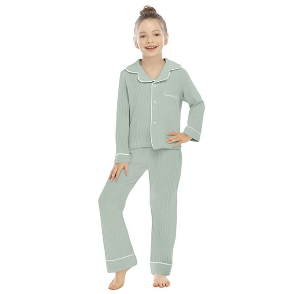 Ruyang Girls Bedroom 2 Piece Outfits Kids Cute Clothing Set Cute Button Down Long Sleeve Shirts Cotton Pants Set Pockets