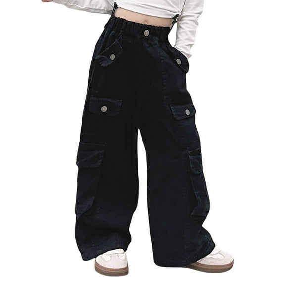 Ruyang Girls Cargo Active Pants with Multiple Pocket Solid Color Sweatpants Elastic Waist Baggy Hip Hop Jogger Trousers