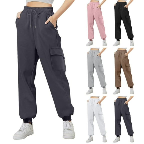 Ruyang Girls Cargo Sweatpants High Waisted School Joggers Drawstring Elastic Waist Plain Athletic Jogging Pants Pockets