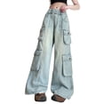 thumbnail image 1 of Ruyang Girls Cargo Wide Leg Jeans Baggy Y2K Denim Pants with Multi Pocket Teens Elastic High Waist Trendy School Trousers, 1 of 8